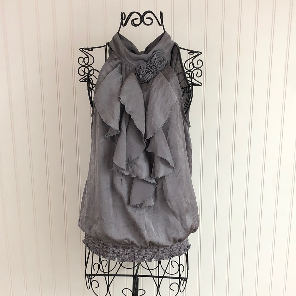 B•Design Gray Ruffle Tie Blouse